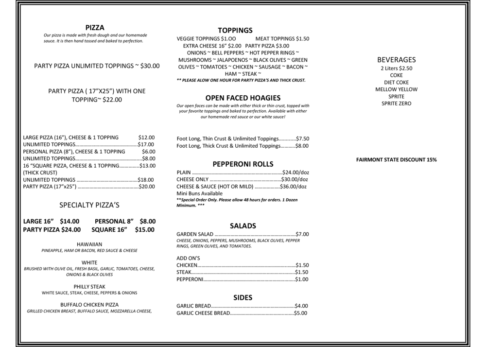 Frank's Hideout, LLC Menu