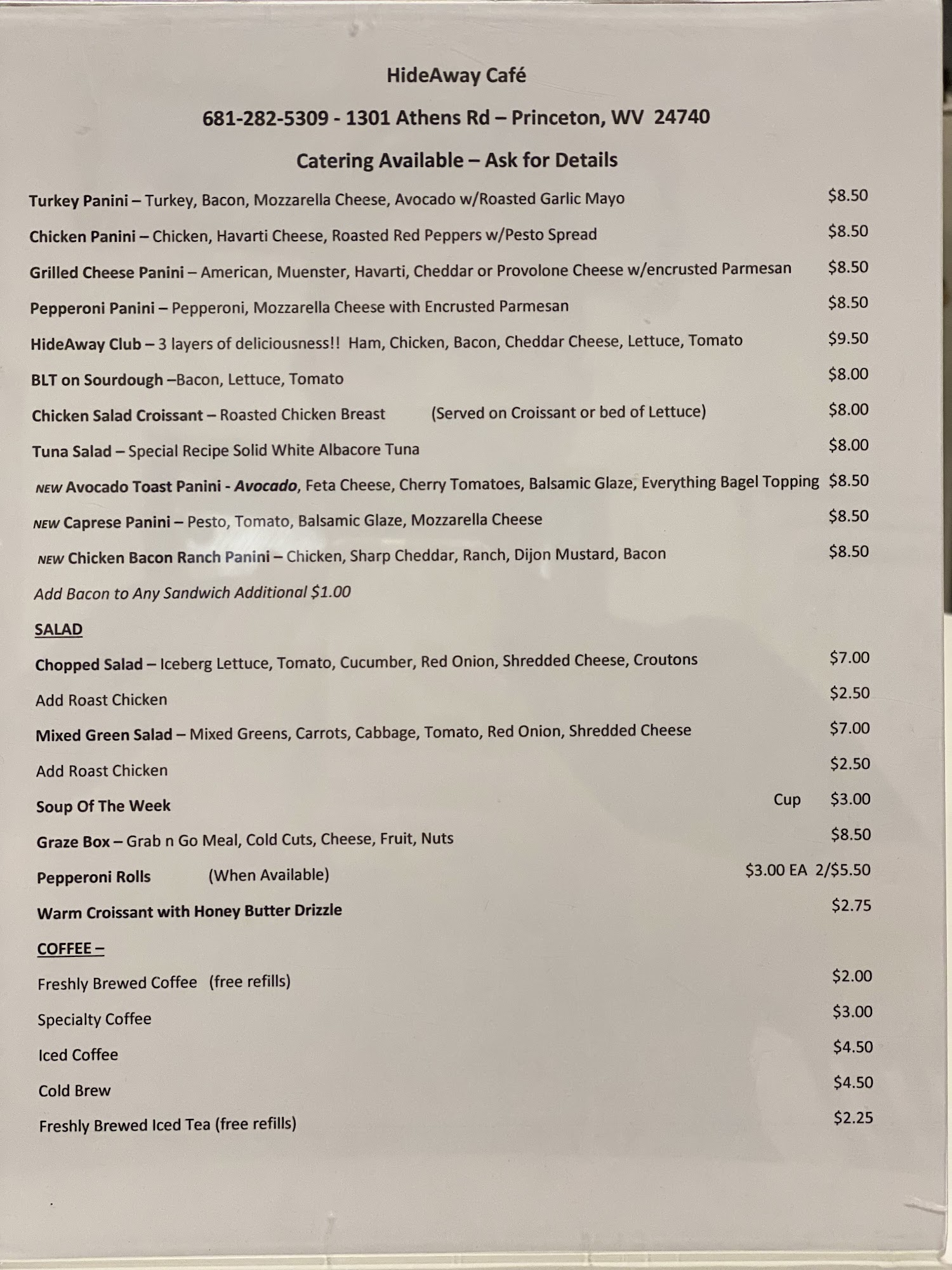 HideAway Cafe Menu